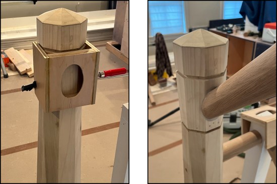 The oversized handrail had to be let in to the post. The author made a router jig and used a bearing-over straight router bit to make the recess (left). A slightly oversized recess accommodated the angled insertion, later filled with two-part epoxy wood filler and sanded to a seamless fit (right).