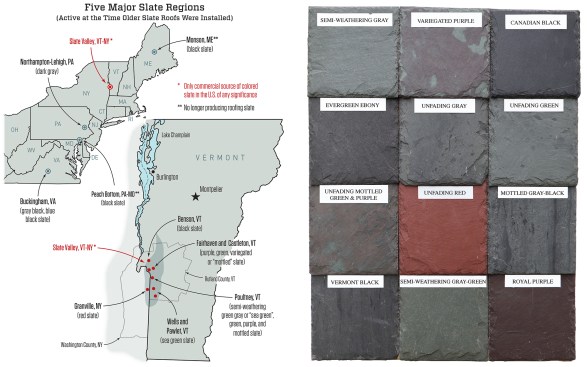 The Slate Valley is one of the five major slate regions that produced slate in the U.S. (Monson, Maine and Peach Bottom, Pennsylvania-Maryland no longer produce roofing slate). Straddling the Vermont-New York border, this area has been and continues to be one of the largest sources of roofing slate in the U.S (left). The chemical and mineral composition of the slate in this region produces a variety of colors, which is unique in the world (right). According to the Slate Association, “Chlorite produces green slate, hematite the purples, carbon the grays and blacks, and hematite and iron oxide the reds. Slate can be known as ‘weathering’ and ‘non-weathering’, or ‘fading’ and ‘non-fading’ … the terms are often used interchangeably. Unfading slates more or less maintain their original color on the roof. Weathering is used to describe slates that would show various percentages of color change slowly as the slates were exposed to the elements.” Illustration (left) by Tim Healey, adapted from The Slate Roof Bible by Joseph Jenkins. Photo (right) by Tim Healey with permission from the Slate Valley Museum.