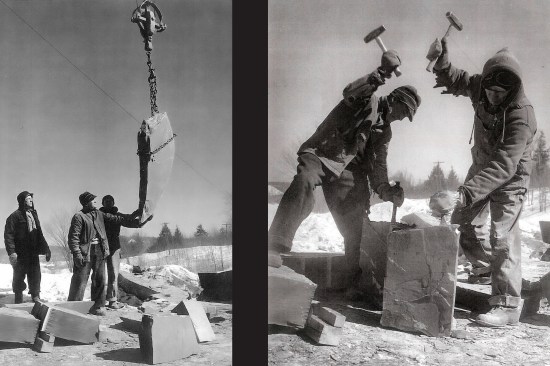 A carriage hoists up a slate block from the bottom of the Eureka Quarry in North Poultney, VT circa 1948 (left). Eureka Quarry workers split blocks with hammers and chisels (right). See video, “Heavy Lifting: A Human & Technological History of Moving Slate from Quarry to Market”, for information about the unique history of the roof slate industry along the Vermont-New York border. Images courtesy of the Slate Valley Museum