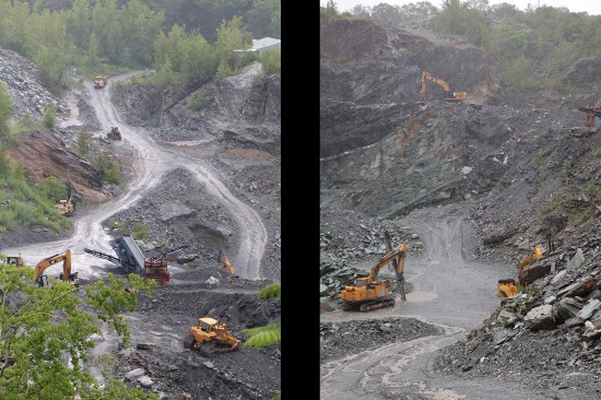 The access road, looking north (left). A drilling rig or “John Henry” is used to core holes in the slate deposit for blasting (right, lower left of photo). Slate deposits in the region lay at roughly 45-degree angle in the ground. Quarriers in the past predominantly worked the highest quality slate deposits—the resulting slate back then could be split as thin as 3/16 of an inch as opposed to today’s minimum thickness of ¼ to 3/8-inch. Modern tools and transportation allow today’s slate companies to manufacture slate products from lesser quality deposits (deposits that quarriers of yesteryear would not touch because they didn’t have the technology to do so). The slate from this quarry has a 75- to 100-year product lifespan, which passes the S1 standard (ASTM C406).