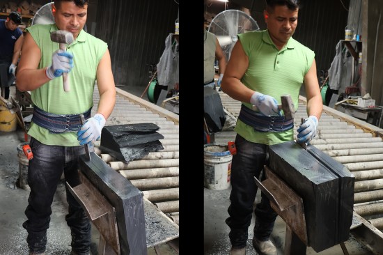 An unchanged technique from the past; a worker hand splits slate with a hammer and chisel (left). Here, he starts splitting a cut piece of unfading gray slate starting at an inner third point (right). He’ll then split the cleaved-off third piece into the desired roof slate thicknesses.