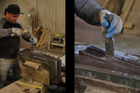 Here, a worker splits a cut piece of purple slate (left, right). Splitting is just one of many quality-control points along the production line. Uneven cleaving planes and imperfections, such small seams of flint, render many a cut piece of slate useless.