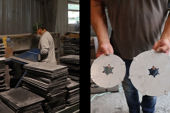 The trimmer cuts the slate down to its finished size (left), putting a chamfered edge on all four sides of the slate; the chamfered edge creates a shadow line when roof slate is installed. The trimmer blade comes in two sizes (right), the smaller blade is used to trim thinner slate, the larger for thicker material. The blade consists of carbide bits soldered onto a steel blade.