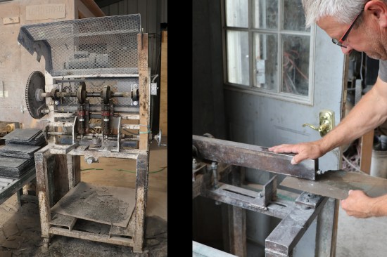 Fastener holes in the slate are made with a hole puncher. The motorized hole puncher (not in use) has a cam which oscillates the punching bits (left), while an old-style punch uses a spring-loaded arm to make a striking motion (right). The slate is punched from the back, which creates a blow-out hole in the front that the nail head countersinks into.