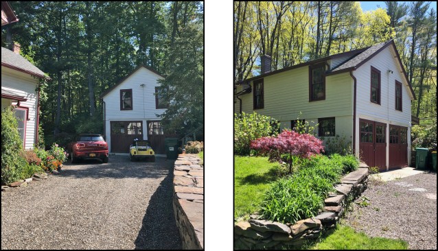 The detached guest house and garage was set back from the main house some 30 feet (left). Its two-bay garage was located in the building’s walkout basement, while guest-house portion was on the upper, “second-floor”, which was level with grade on the other side of the house (right).