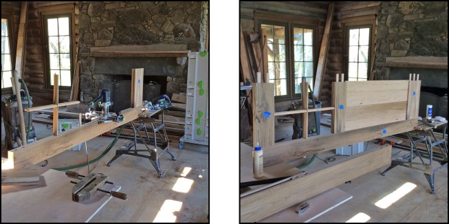 When building custom doors on site, the author typically builds standard 1 3/4-inch doors on site with a Festool Domino XL joiner and OF 1400 router set up with a double fence (as shown here on another project) (left). The rails, stiles, and muntins are domino tenoned while the door panel is slid into place (right).