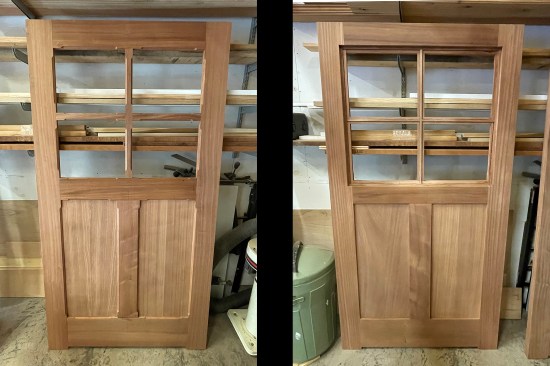 The exterior-facing door front features a bevel cut made with a chamfered router bit run 2 inches shy of the corners of the rails, stiles and muntins (left). On the interior side, the 12/4-thick sapele rails and stiles were left square. A 1 1/4-inch-deep-by-1-inch-wide rabbet was routed into the stiles and top and middle rails (right) to receive a matching “closure” muntin frame made out of 1x2 sapele.