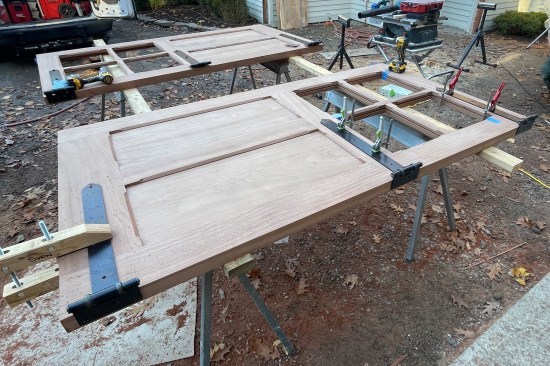 The hinges were clamped in place …