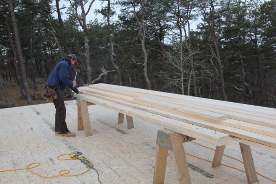 When the walls are shorter than the plate stock on site, the plates are measured and cut in pairs. After they are cut to length, the two boards are tacked together.