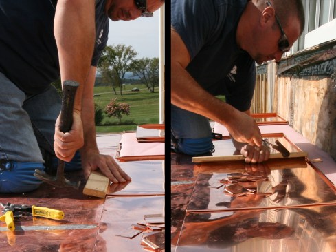 A simple block of wood helped drive the panel up (left) and over into position (right).