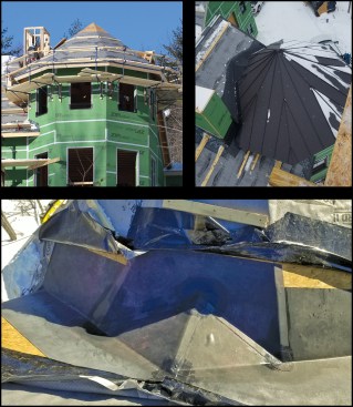 Prior to the author’s crew arrival on site, the builder had applied high-temperature roofing underlayment to the main and octagon turret roofs to dry-in the shell (top left).EPDM teams up with standing seam at this complex roof intersection. Here (bottom photo), the valleys are covered with fully-adhered EPDM, which extends 18 inches up each side of the roof deck (bottom). Viewed from above (top right), the turret’s standing seam roofing is completed and main roof’s underlayment is lapped onto the EPDM and secured with roofing nails driven through tin tabs.