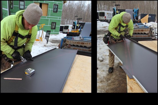 Crew leader Kevin Morrisette chalks a taper onto the panel and folds down a portion of the seam using 45-degree hand tongs (left), then cuts the line with metal snips (right).