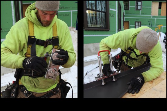 A Wuko bender is used to bend up the metal at the tapered cut. Here (left), Kevin adjusts the height of the bend high enough to make a 1-inch-high finished “female” seam (panels with female seams are placed over installed panels with male seams). He then bends the 24-gauge metal up, making multiple passes to bend it to the needed 90-degree angle (right).