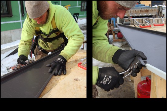 He re-adjusts the height of the roll bender and makes the horizontal bend, again with multiple passes (left). He then adds a lip to the bend using a set of 45-degree hand tongs (right). 