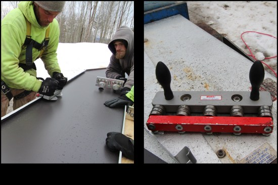 A Wuko Disc-O-Bender is also used to help bend the metal (right). Here, its “pizza-cutter-type wheels” crease the metal to help make a bend on a male seam (left). 