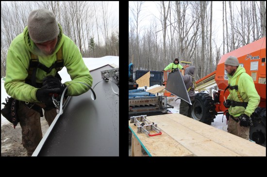 The male seam is trimmed up with metal snips (left), the finished metal pans are transported up to roof via a lift.