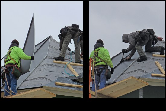 After folding the underlayment down over the EPDM and securing it with roofing nails through tin tab plates, the crew install the metal pans (left). They fasten the pans in place using vise-grip clamps, and make the first-stage bend by hand (right).