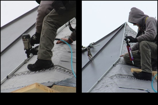Expansion clips, installed 12 inches on-center with galvanized roofing nails, are used to fasten the panels to the roof (left). The clips allow the panel to move during expansion and contraction, lowering the risk of the pans oil-canning. Occasional gaps at the bend may be sealed using 100% silicone caulk (right).