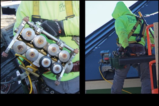 An electric seamer, viewed here from below (left), is capable of efficiently bending long runs of 180-degree folded seams in panel joints (right).