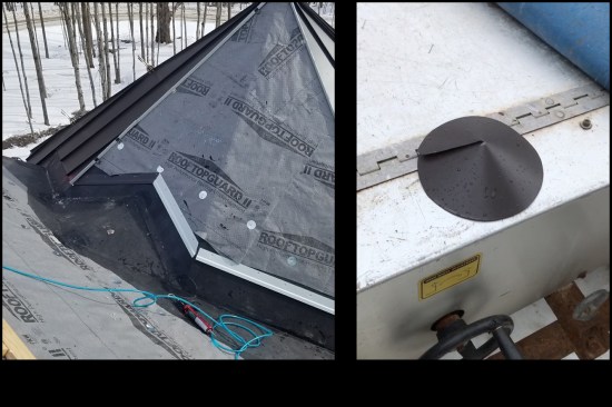 At the valleys, the turret’s metal pans are secured at the bottom with continuous S-clips (left). The S-clip channels help prevent standing water or ice from getting up and underneath the roofing and underlayment. A custom cone-shaped cap is later pop riveted to finished roof (right).