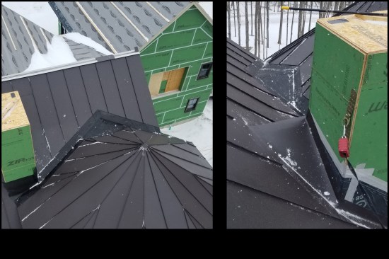 Views of the completed turret roof and the finished main roof show how the metal transitions to the finished EPDM valley (left). At the adjacent chimney, a single-sloped cricket was installed on the upslope side of the flue enclosure (per the owner’s request — to hide the cricket from being seen from the ground).