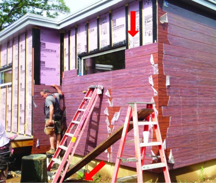 Drain and dry. A rainscreen is an air space between the cladding (siding) and the water-resistive barrier (WRB). In these examples, the rainscreen is created by attaching the cladding to furring strips fastened to the wall framing. The red arrows show the direction water drains—down and out—through the space via gravity.