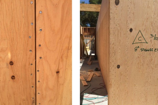 Tight edge nailing that matches the plans’ shear wall schedule and a 1/8-inch gap are details that a building inspector will look for first (above left). The nailing schedule can vary from wall to wall, so some framers mark up panels so it’s clear to the crew exactly what the nailing should be. Here (above right), 3/12 refers to edge and boundary nailing every 3 inches and nailing in the field every 12 inches along studs.