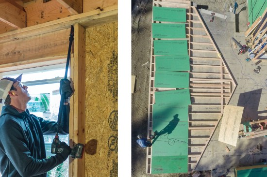 For the required connection of a shear wall to the roof structure, the author uses a Quik Stik to drive structural screws through the top plate into rafters (above left). He typically installs shear panels on the deck before standing walls (above right) …