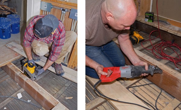 Hovious rips the joist level with a long angle cut using a circular saw, though the circular-saw blade did not cut all the way through the 3-inch joist (above left). Co-author Warren O’Shea finishes the cut with a recip saw (above right).