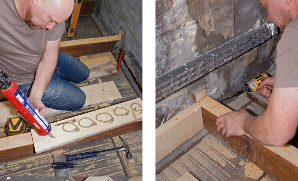 O’Shea applies construction adhesive to a ledger header (above left) and screws the header to the existing joist (above right).