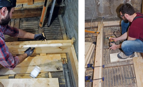 Hovious scribes a 2x8 sister along the existing joist (above left). Carpenter Mike Raulston attaches the sister (above right).