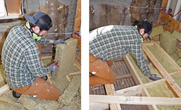 … then splits the batt insulation as needed for thickness (above left). He installs the Rockwool into a joist bay—the joist bays varied in depth (above right).