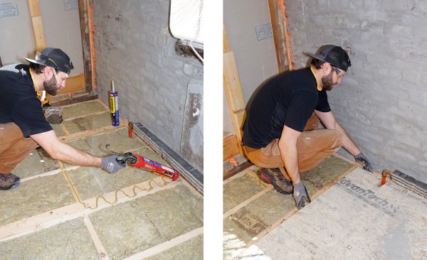 Subfloor adhesive is applied to a reinforced joist (above left). The AdvanTech subfloor is then slid into place (above right).