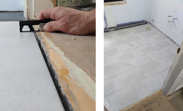 The tile is set in a full bed of thinset using a 1/2 x 1/2" Euro-notch trowel to a 1/4-inch thickness. The thinset is applied slightly thinner at the door to flush the new tile up with the existing floor (above left). The rest of the 12- by 24-inch tile floor is installed level to first row using leveling clips (above right).