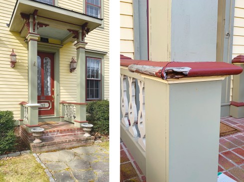 The porch trim on a historic 19th-century Italianate home wraps around the porch column, rather than simply butting up to it. Although beautiful, the design is vulnerable to moisture intrusion, which inevitably led to rot. This prompted the author to use epoxy as part of a long-term solution (above left). New England’s volatile climate took its toll on this porch trim (above left).