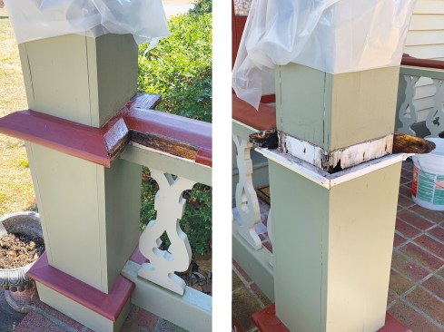 A few severely damaged pieces had to be replaced (above left). But those with minor deterioration, such as this column (above left), which would have been prohibitively expensive to replace, could be stabilized with borate-based wood preservatives and repaired with epoxy