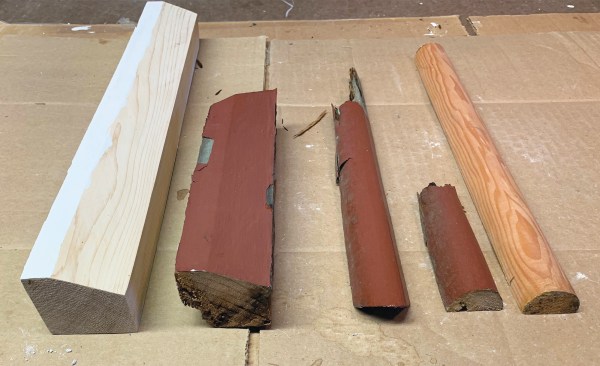 The author cut replacement moldings to size on a table saw, then primed them on their reverse sides.