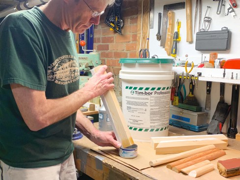 As soon as the primer was dry, he immersed the end grain in a borate solution to prevent rot formation.