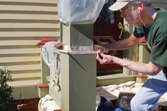 Before the miters are assembled, the author drills a hole and inserts a Bor8Rod that will provide an extra measure of insurance against rot.