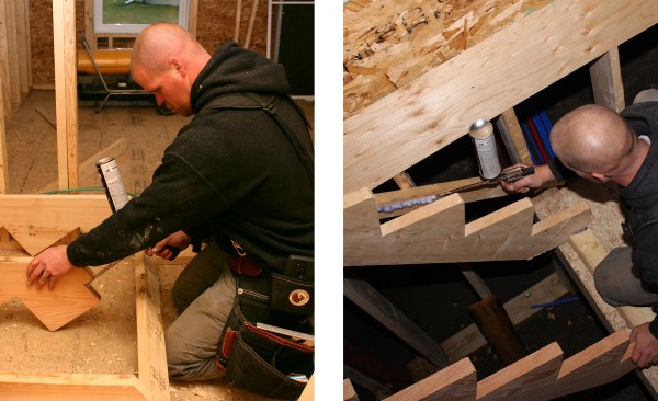 The author applies gel-foam adhesive to the cleat-to-stringer connection before lifting the stringer assembly into the rough stair well (above left). He also applies gel-foam adhesive on both sides of the 2x4 stringer spacer prior to fastening off the stringer assembly (above right).