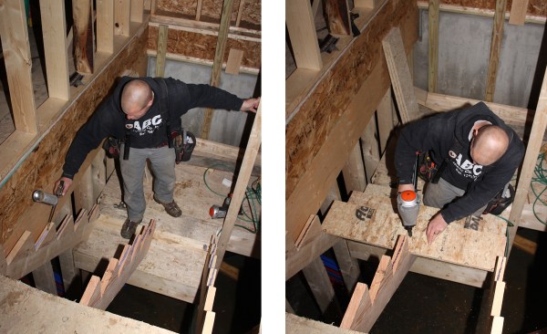 He uses the same adhesive on the carriage (above left) to secure subtreads before nailing them off (above right).