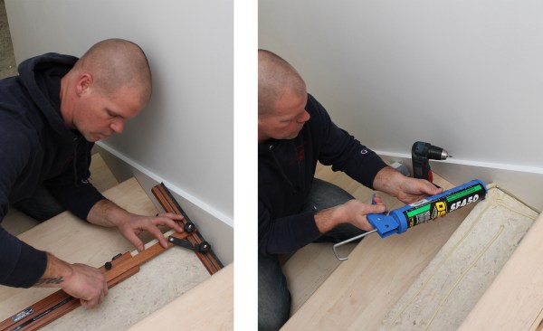 A Stair Wizard proves essential for laying out custom-cut treads between finish stringers (above left). Working from the top, he applies construction adhesive to the subtread prior to installing the finish tread (above right).