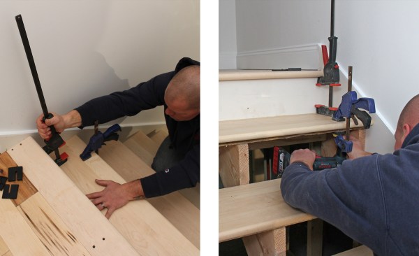 The finish treads are clamped in place (above left), then secured with screws from underneath using a right-angle drill. Fastening from underneath eliminates the time that would be needed to countersink, cut, and finish wood plugs (above right).