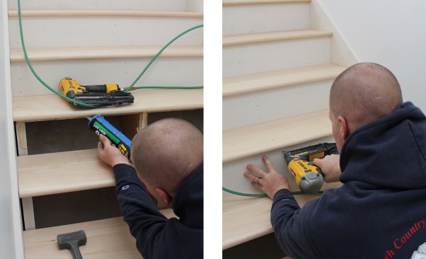 The finish paint-grade risers also get construction adhesive (above left) before they’re nailed in place (above right).