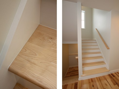 The result is a clean hardwood tread married seamlessly to painted trim and risers (above left). The marriage of hardwood to bright, painted surfaces carries through to the floor, handrail, and walls (above right).