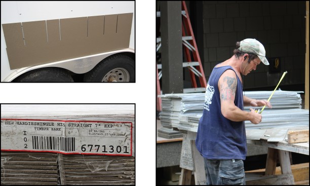 HardieShingle straight edge HZ5 panels formulated for extreme weather were installed (left, top). The shingles come bundled in mirror-image pairs, with the painted sides facing each other and separated by a plastic protection sheet (left, bottom; right).