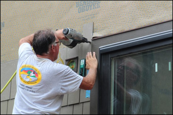 …the remaining piece maintains the 16-inch offset. For fastening, a siding nailer with stainless steel ring-shank nails is used to secure the fiber-cement panels; narrow pieces, 4 inches or less, need to be pre-drilled and nailed off by hand.