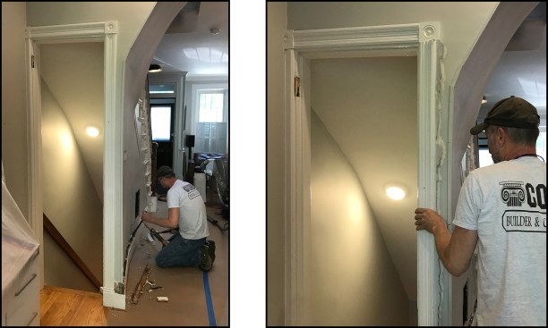 The basement stairwell separation wall was curved along its length to improve the flow of foot traffic between the living room and kitchen (left). The adjacent return “wall” mainly consisted of a 24-inch-wide door to the basement, which the homeowners had difficulty navigating while moving large items, such as laundry baskets, up and down the stairs (right).