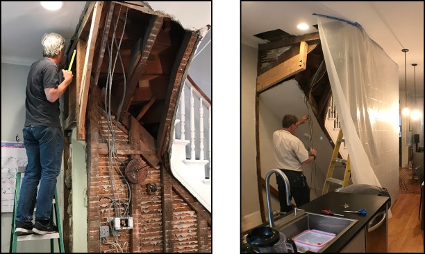 Architect Beau Thibault (left) and stair-specialist Marty Anderson (right) were brought in to assess the removal of the separation wall. A new header support made up of 4-by stock and a custom steel connector was devised to transfer the stair loads to the home’s furred-out party masonry wall.