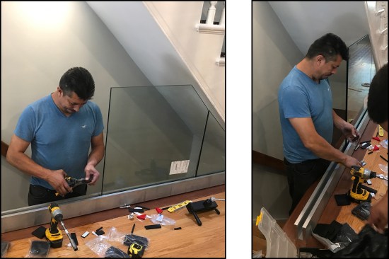 After installing a heavy-duty solid aluminum U-channel, the glazing subs set the tempered glass panels with a Dry Glaze Taper-Lok system (left, right).